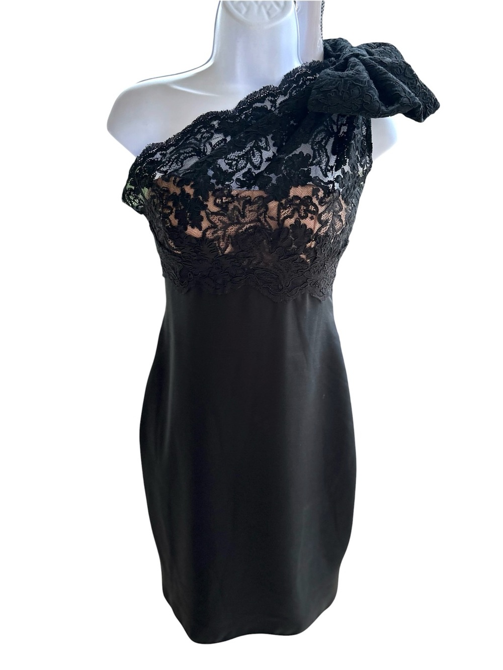Marchesa Notte One-Shoulder Black Lace Bow Cocktail Dress
